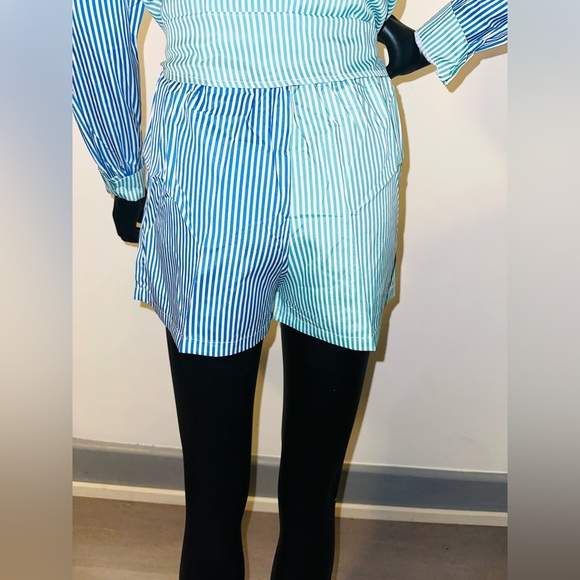 GREEN/BLUE COLORBLOCK STRIPED PRINT SHIRT DRAWSTRING SHORTS SET - Picture 7 of 11